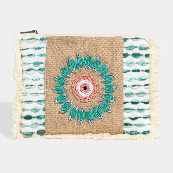 NEW Seed Beaded Evil Eye Protection Boho Fringe Jute Zipper Clutch Bag Handbag - Picture 1 of 5